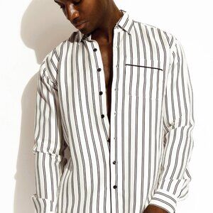 NWT // Charlie by MZ Silk Resort Shirt // Black and White Stripe // M